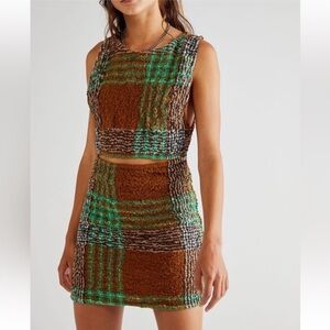 Free People Scarlett Smocked Mini Dress Cutout Brown Green Plaid Smocked-Large